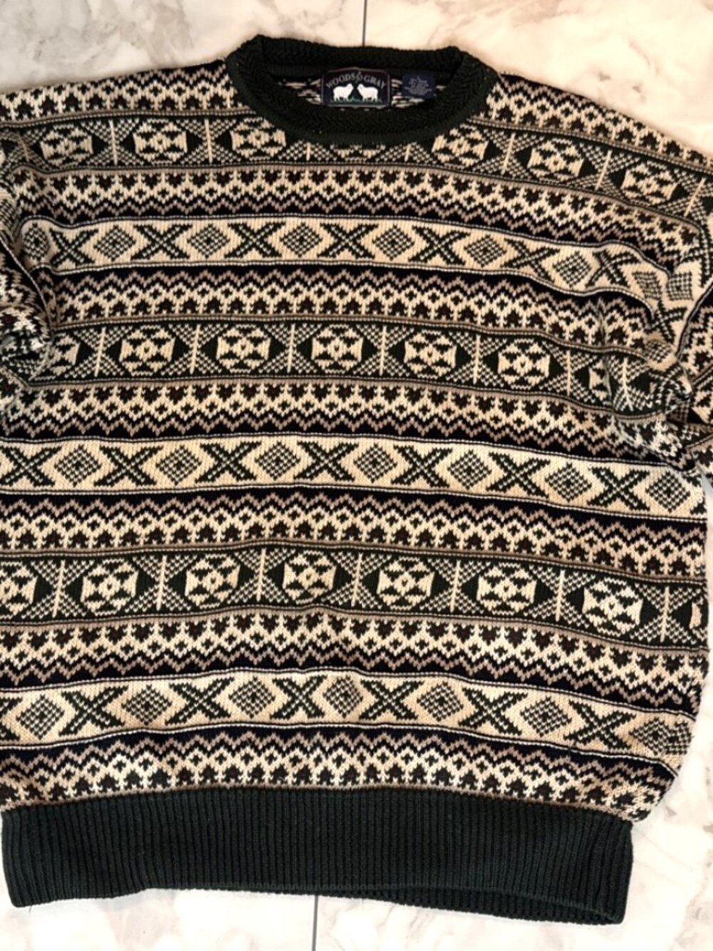 Woods & Gray Sweater Mens Large Geometric Fair Isle Crochet Knit Grandpa 90s